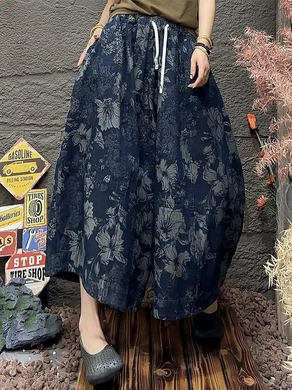 Retro Floral Print Loose Jeans Spring Summer Wide Leg Pants Women's Dance Eight Parts Pants Casual Classic Style Natural Waist