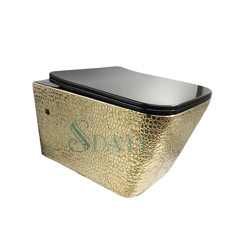 Bathroom Ceramic Electroplated Crocodile Golden Design Rimless Wall Mounted Bathroom Gold Plated Toilet Set