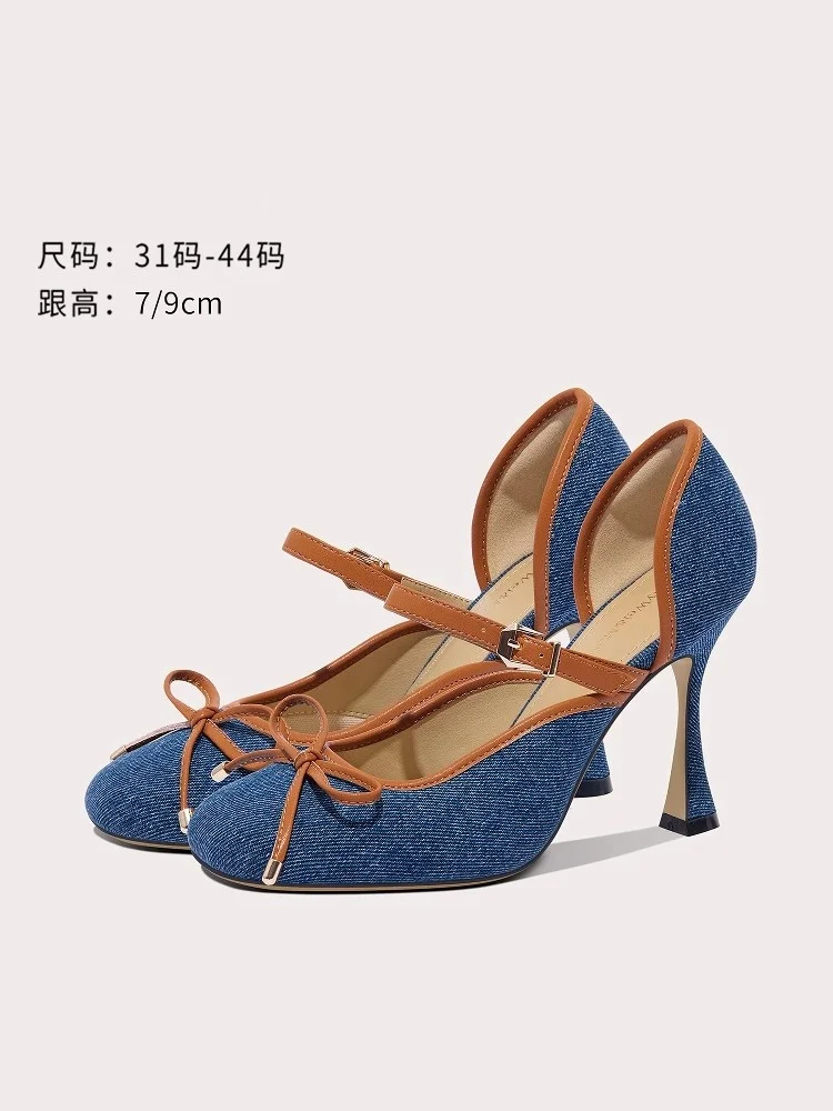 

Spring and summer new square toe denim bow fashion slippers thin high-heeled banquet dress large size small size women's sandals