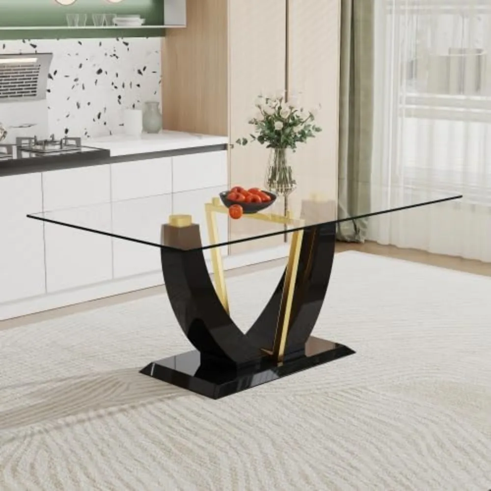 Glass Table,Modern Simple Rectangular, with Black MDF Legs and Gold Stand, Equipped, 0.4 Inch Tempered Glass Table and MDF Legs