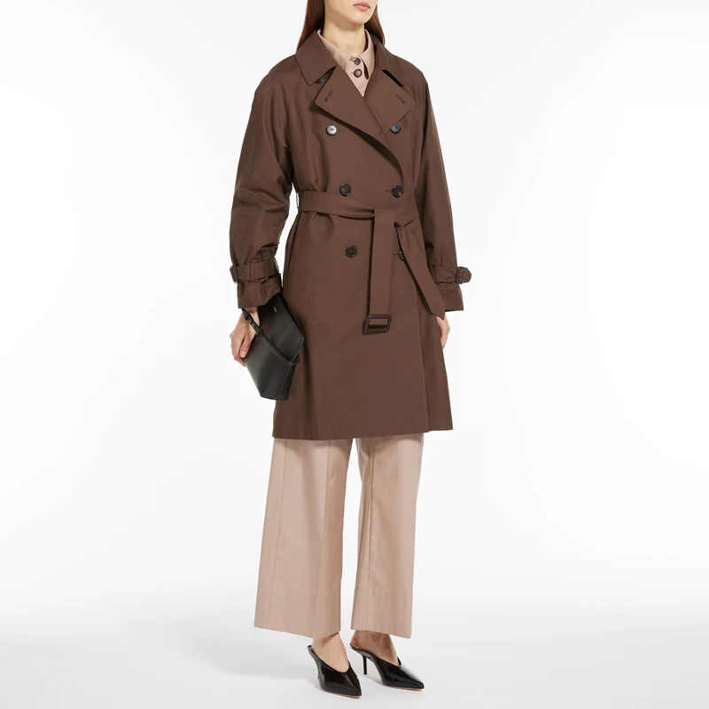 Elegante Trench da donna Beige-giacca a vento da lavoro in cotone antivento personalizzata medio-lunga doppiopetto