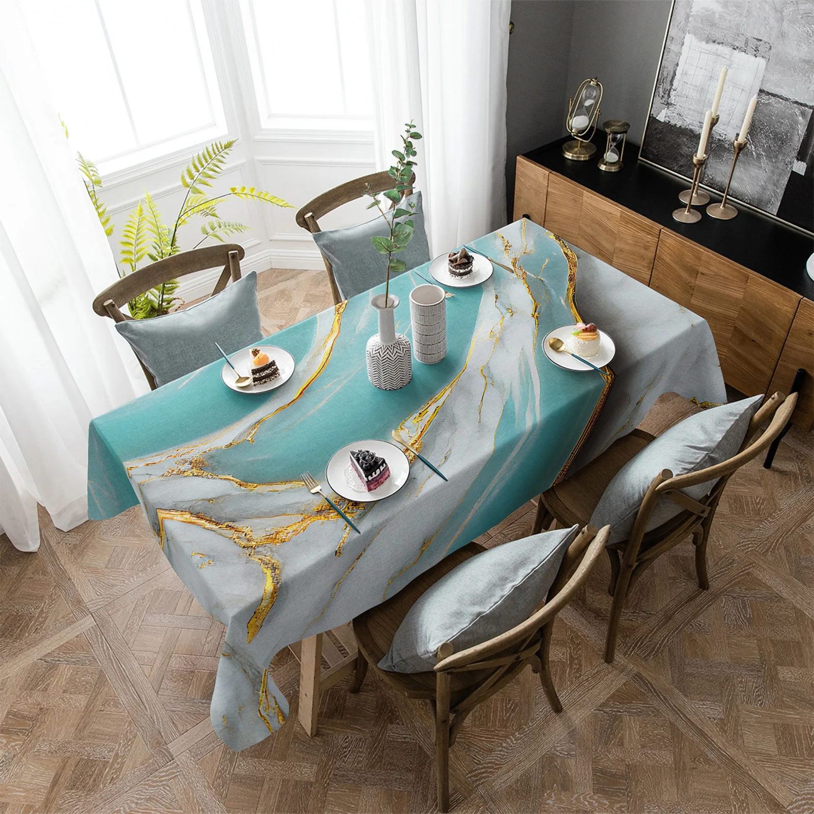 

Marble Texture Aqua Waterproof Tablecloth Party Decorations Supplies Rectangle Table Cloth for Kitchen Table Decor