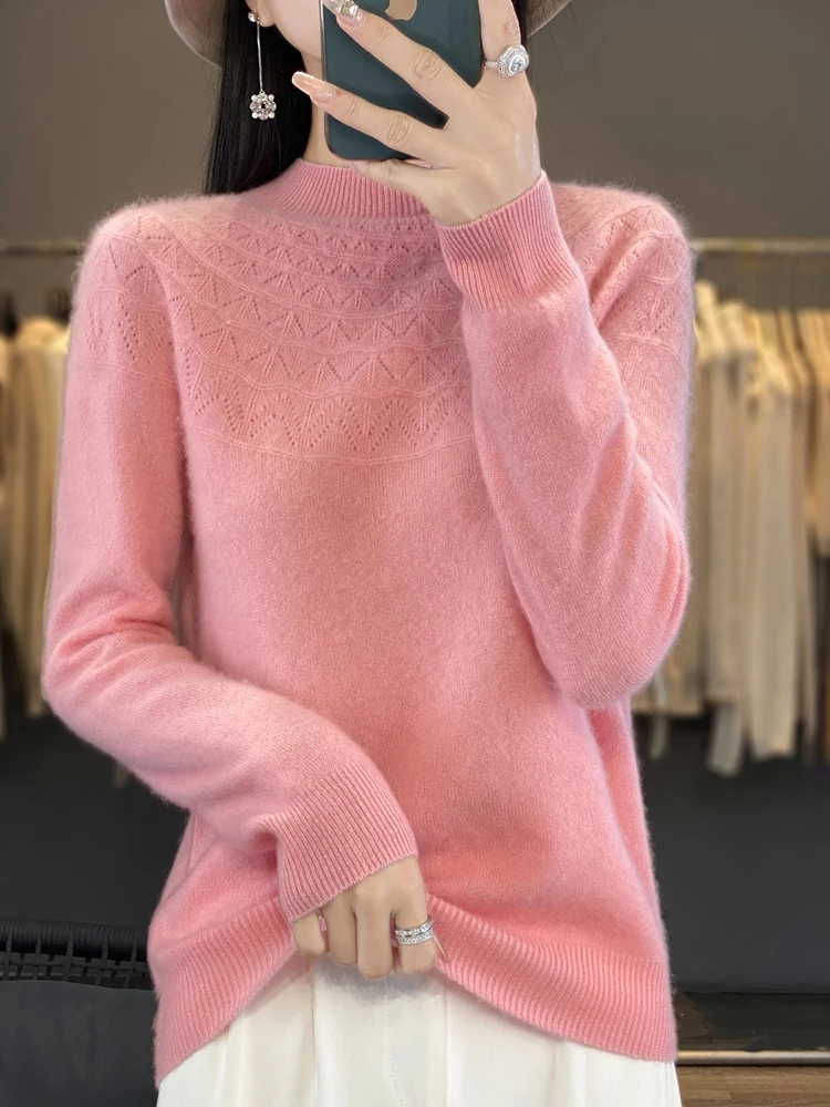 Autumn And Winter New Women\'s Hollow Knit Woolen Sweater Half High Neck Loose Jumper Long Sleeve Bottom Shirt - ZD904