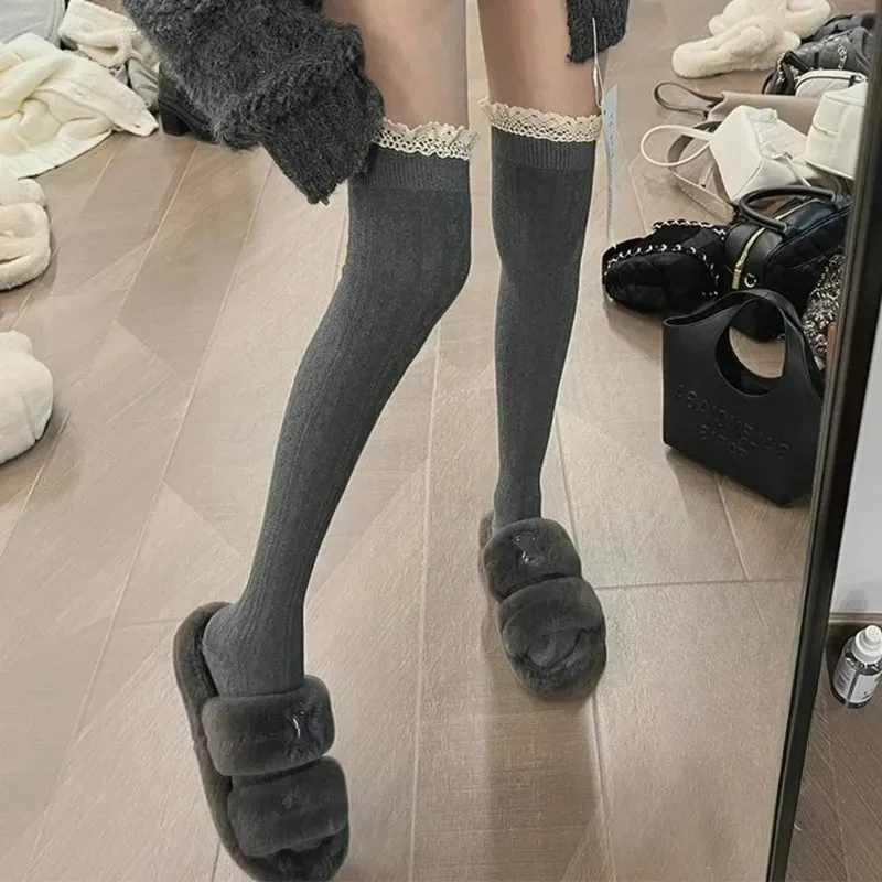 Lolita Lace Up ถุงเท้ายาวเข่าสําหรับผู้หญิงกว่าเข่าต้นขาสูงถุงน่องฤดูใบไม้ผลิฤดูใบไม้ร่วงแฟชั่นสาวเซ็กซี่ผ้าฝ้าย JK Tights
