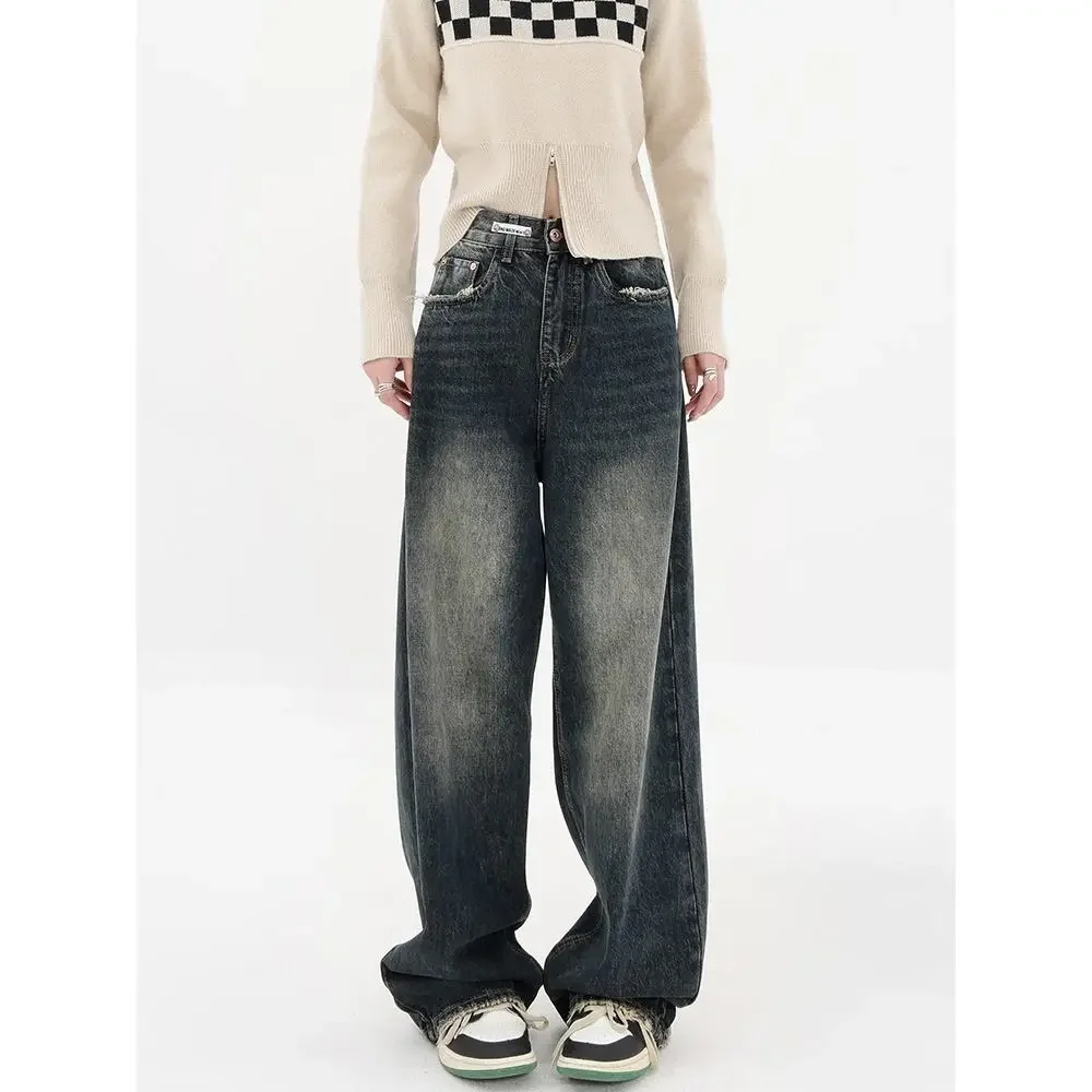 Deeptown Harajuku Streetwear Retro Fashion Autumn Women High Waist Jeans Loose Wide Leg Straight Denim Trousers Y2K Baggy Pants