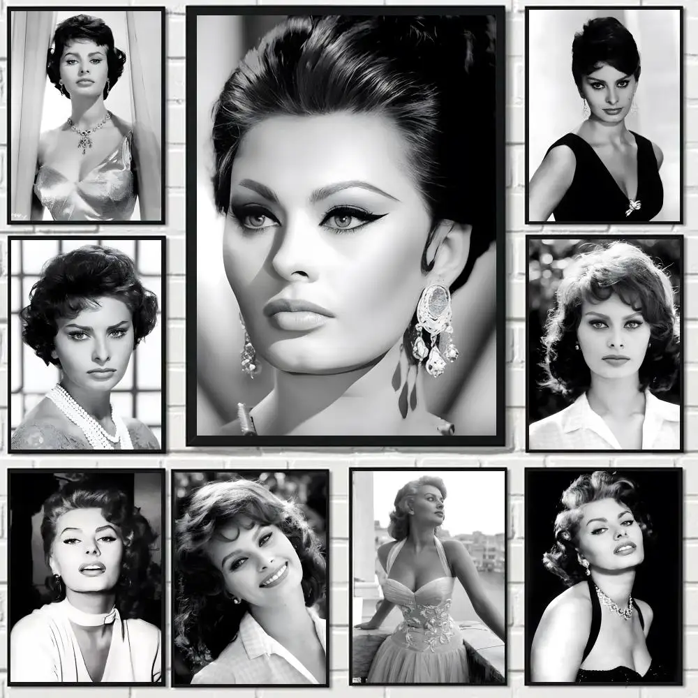 Póster en blanco y negro de Sophia Loren, arte HD, pared adhesiva, impermeable, decoración estética para el hogar, sala de estar, dormitorio, bar