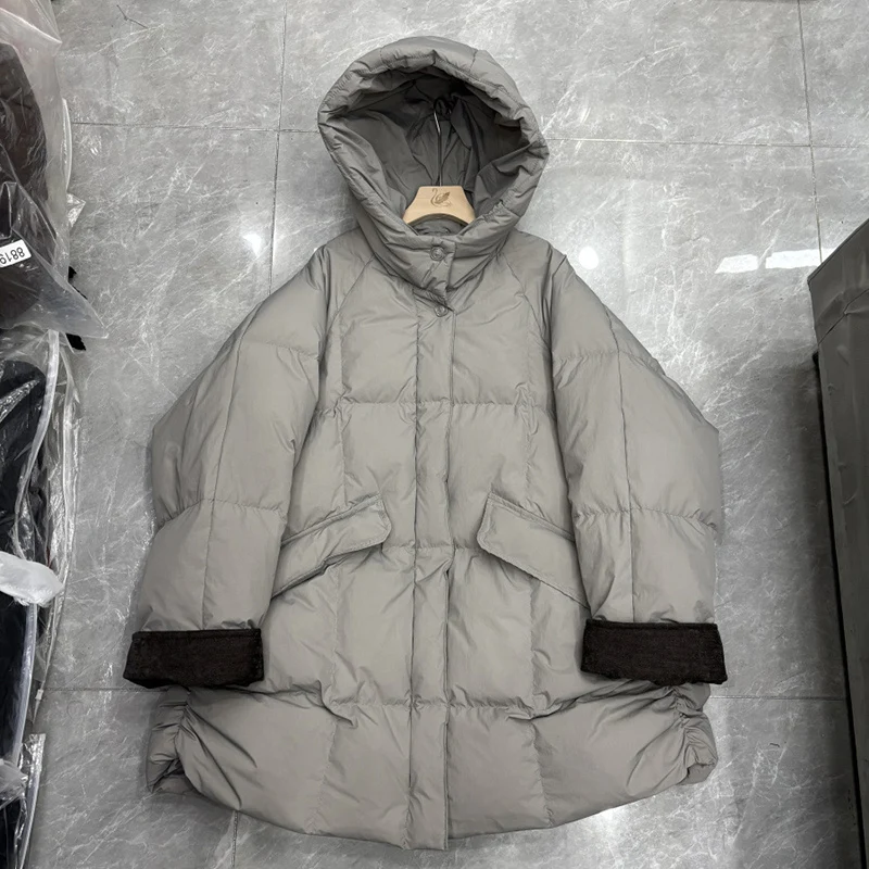 Kurtka puchowa damska Schinteon, biała, z kaczym puchem, jesienno-zimowa, ciepła odzież wierzchnia z kapturem, luźny krój oversize, nowość 2025, realne zdjęcia.