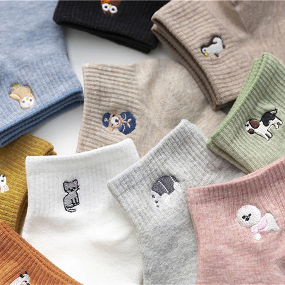 New Women's Cute Embroidery Bear Dog Owl Cat Bird Rabbit Sheep Candy Color Funny Socks Kawaii Ankle Sokken Dropship