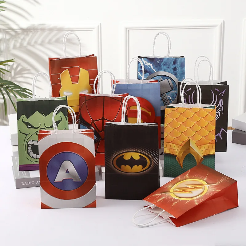 Bolsas de regalo para fiesta de cumpleaños, bolsas de papel Kraft con estampado de cómic, compra de dibujos animados