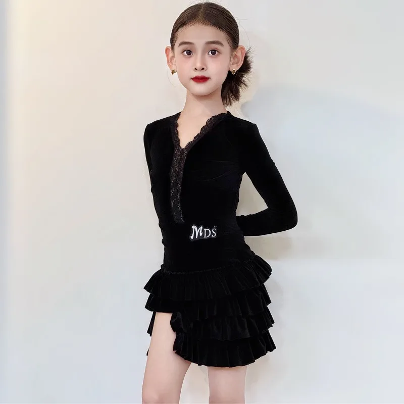 

Костюм для латинских танцев для девочек, осенне-зимний высококачественный тренировочный костюм с длинными рукавами, детская танцевальная юбка