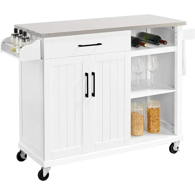 

Kitchen Island Cart with Stainless Steel Top, Rolling Storage Cabinet on Wheels with Drawers Wine Rack and Spice Rack,