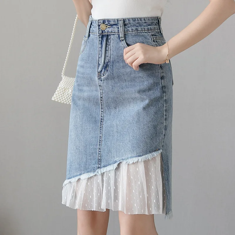 2026 New Medium and Long Lace Splicing High Waist and Thin A-shaped Skirt Denim Skirt Women