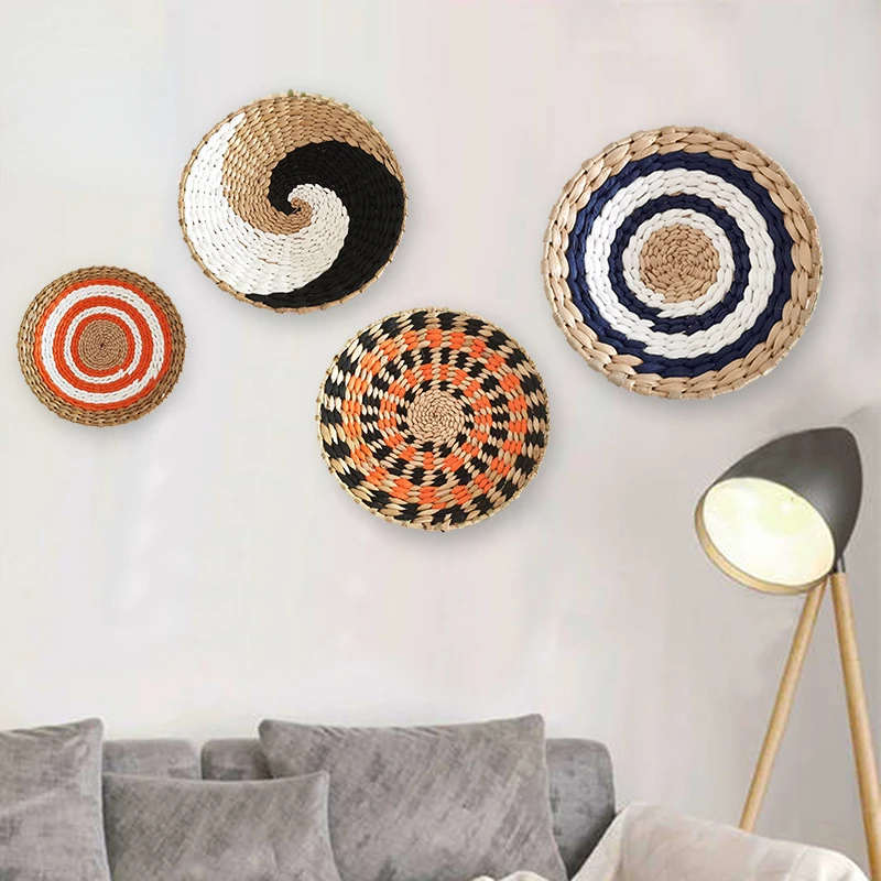 Hand Woven Bohemian Style Wicker Wall Decoration Dishes Bedroom Sofa Bed Background Wall Hanging Rattan Plates Trays Decoration