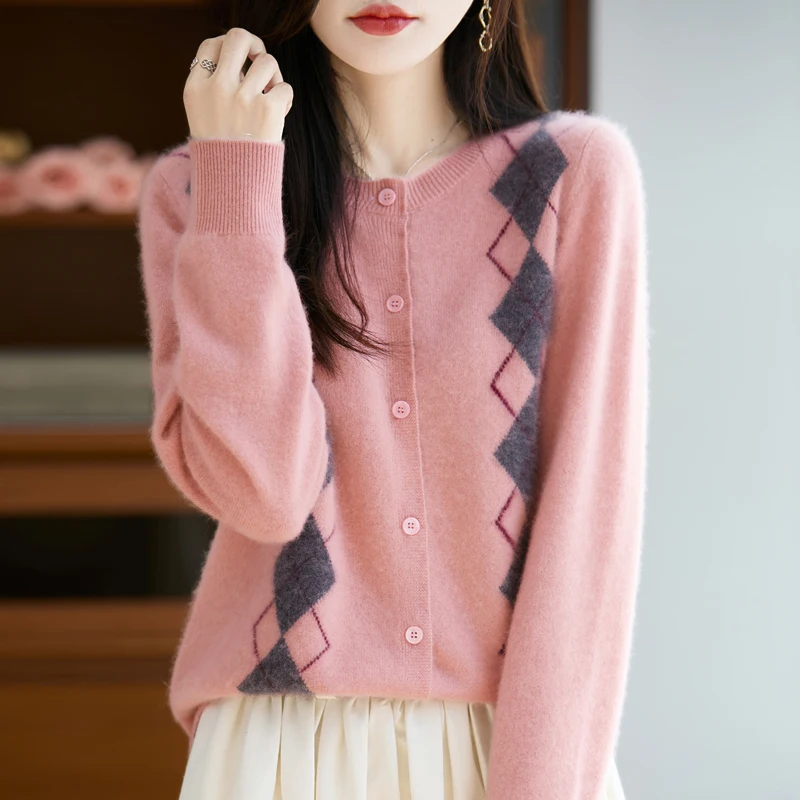 Cárdigan de lana pura 100% para mujer, suéter de cachemira con cuello redondo, Chaqueta de punto informal, nueva camisa de chaqueta de moda de otoño e invierno 2025