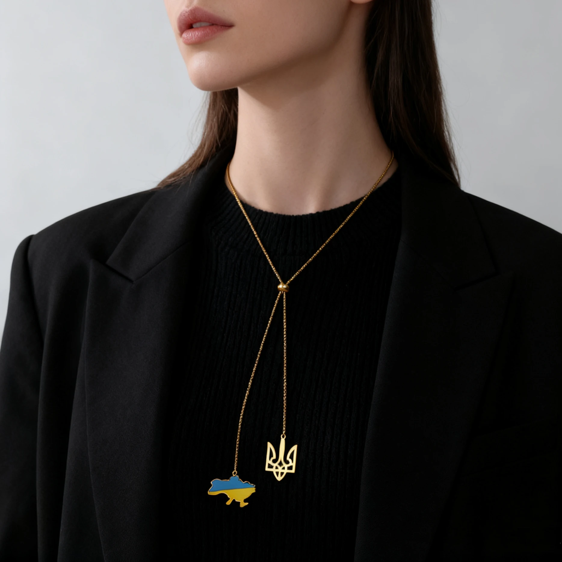 Ukraine National Emblem Map Pendant Necklace Women Stainless Steel Gold Color Long Sweater Box Chain Country Jewelry Wholesale