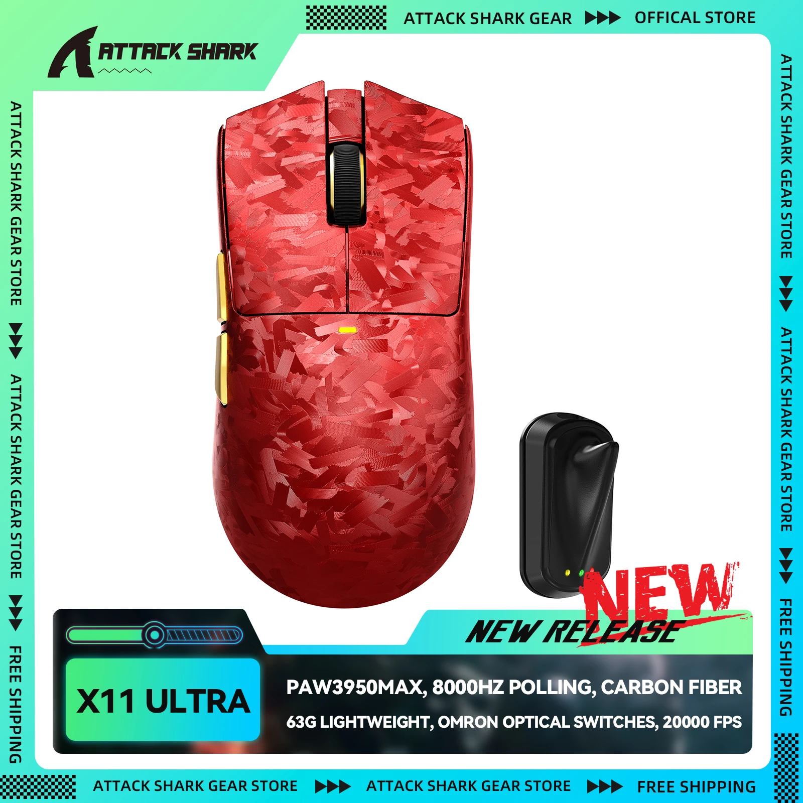 ATTACK SHARK X11 ULTRA Carbon Fiber Wireless 8K PAW3950MAX Gaming Mouse, 63g SUPERLIGHT, Nordic 54L15, Omron Optical Switches