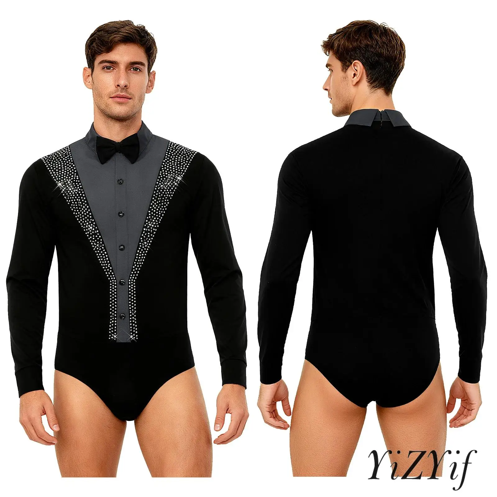 

Men's Tango Latin Dance Outfit Shiny Long Sleeve Back Zipper Rumba Salsa Leotard with Bowtie Gymnastics Ballet Dance Jumpsuit