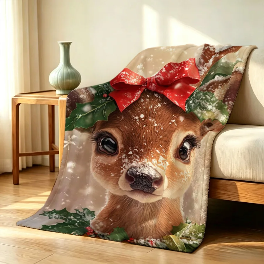 Cartoon Reindeer Merry Christmas Flannel Throw Blanket, 2D Flat Single-Sided Printed Holiday Decorative Blanket