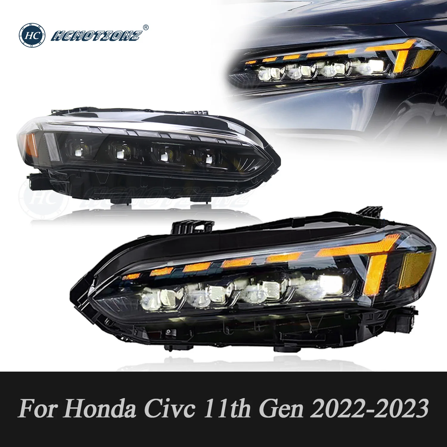 

Передние фары HCMOTIONZ для Honda Civc 11 поколения 2022-2023, 4 линзы, автомобильные передние фары в сборе, анимационный сигнал поворота DRL