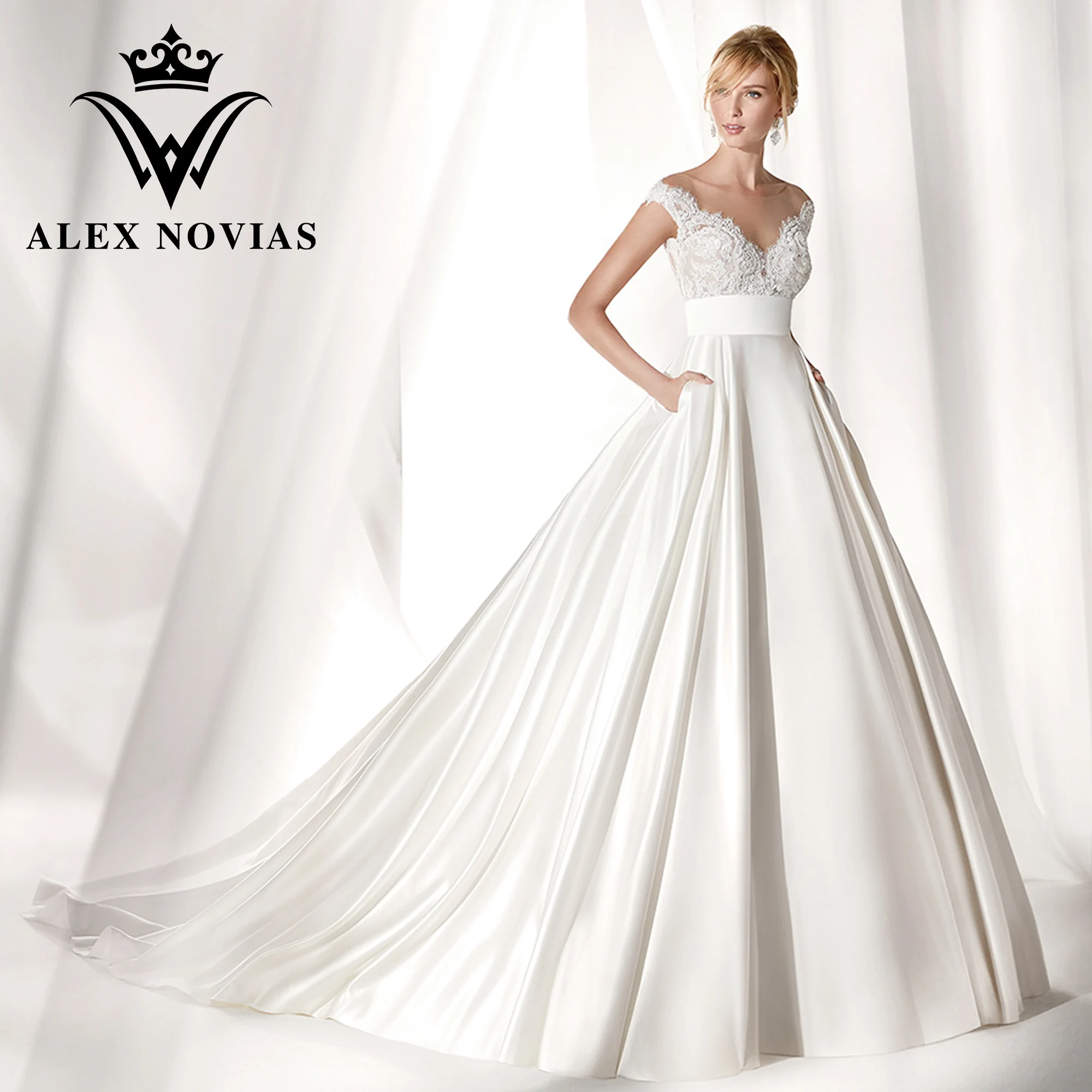 Robe De mariée en Satin avec poches, Illusion d'alex NOVIAS, manches courtes, col en v, 2023