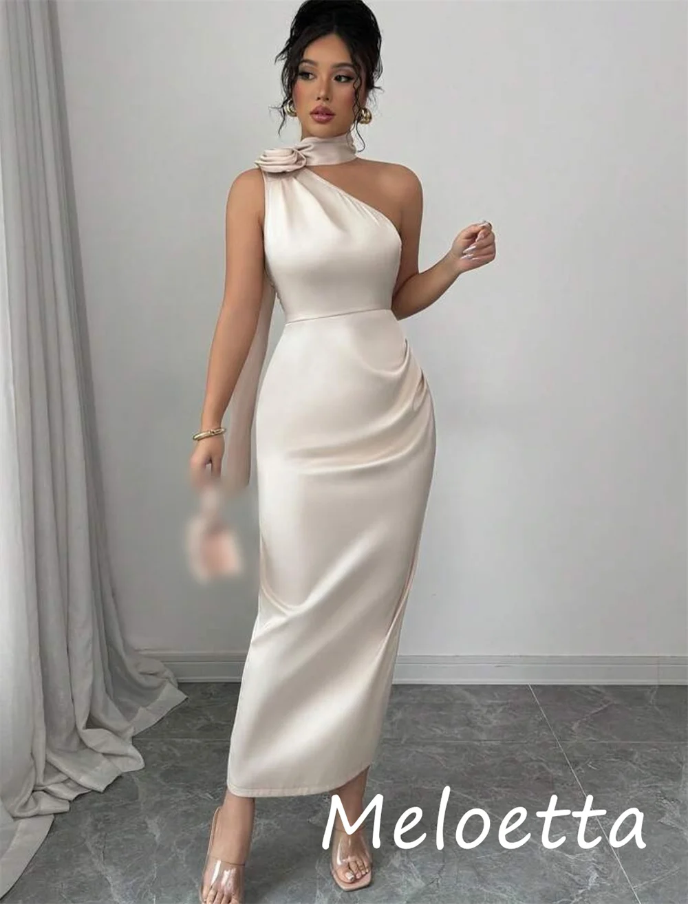 Customized Modern Style Charmeuse Flower Pleat Straight Halter Midi Dresses Bespoke Occasion Exquisite