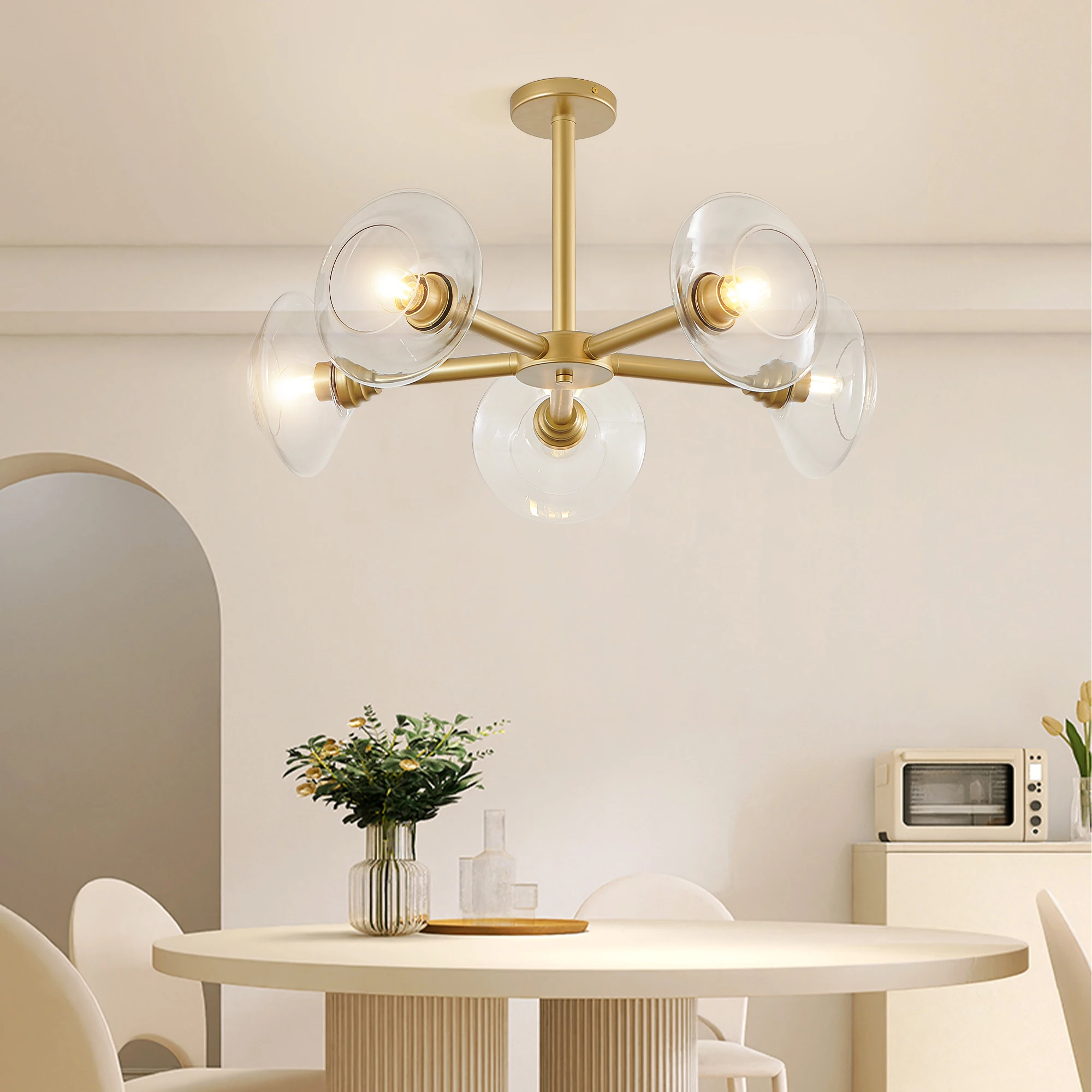 5-Light Modern Gold Chandelier with Clear Glass Shades, Mid-Century Hanging Pendant Light Fixture(Bulb Not Included)