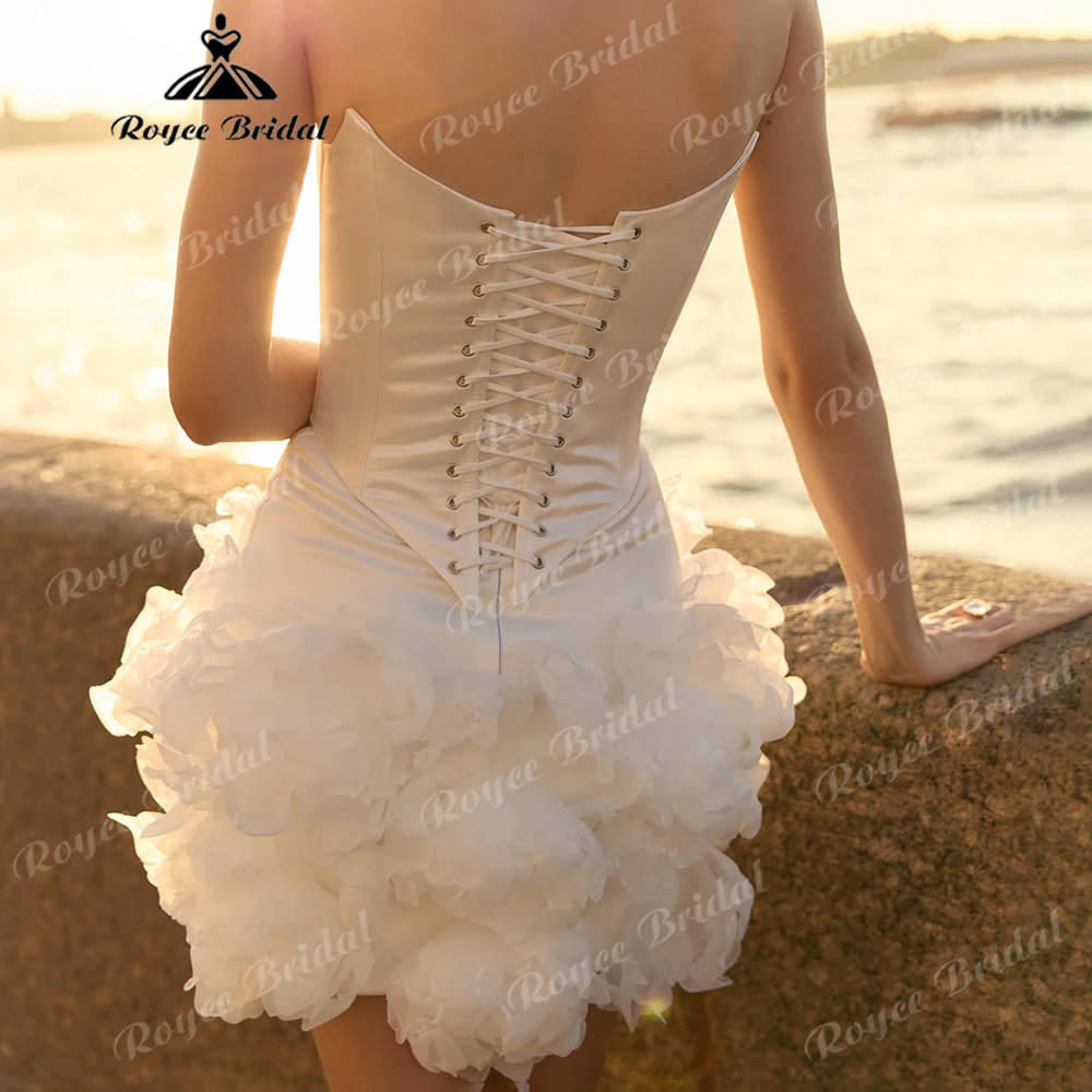 Sweetheart Satin Corset Mini Wedding Dress with 3D Floral Ruffle Skirt Lace-Up Back Bridal Gown Customized
