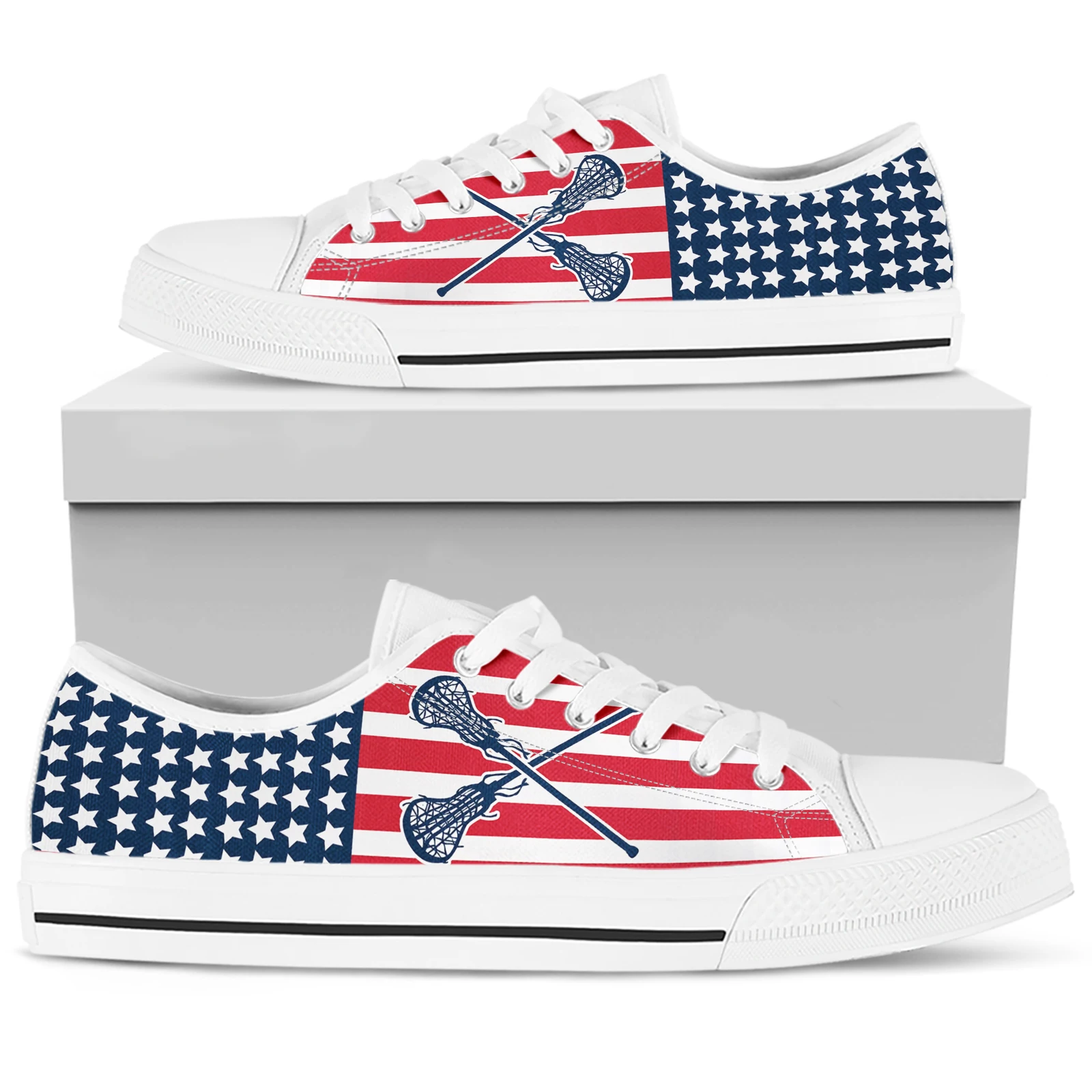 ELVISWORDS Lacrosse Design American Flag Print Lightweight Outdoor Sneaker White Sole Low Top Canvas Shoes Tenis Feminino