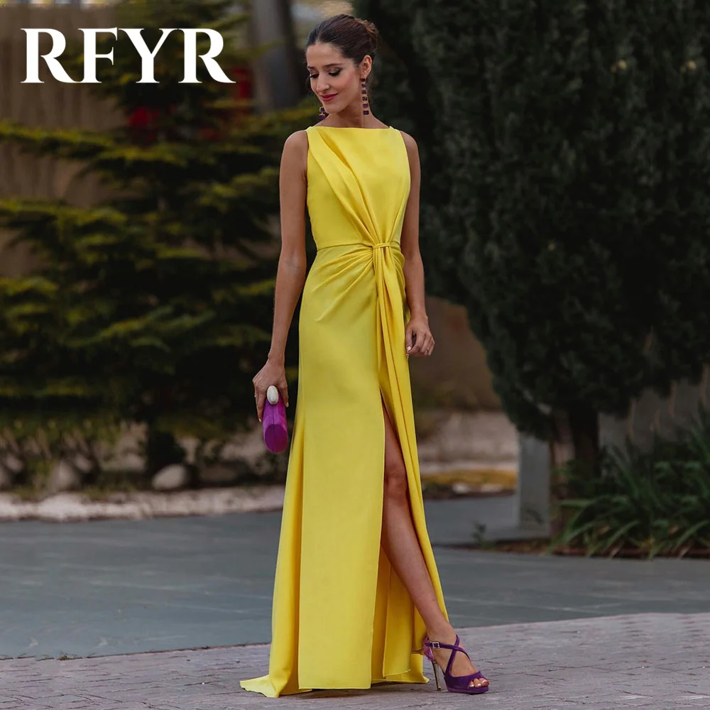 RFYR O Neck Chiffion Long Party Dress Vintage Yellow Night Dresses Celebrity Dresses with Split vestidos de fiesta Customized