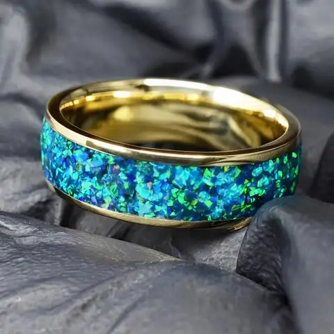 Golden Men's Wedding Ring, Mixed with Dark Green and Blue Opal Inlay - Women's Ring - Rose Gold Ring - Wedding Ring