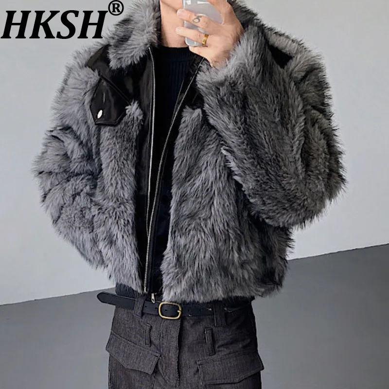 

HKSH Autumn Winter New Men Faux Fur Thickened Cotton Jacket Hip-Hop Trendy Ins Plush Deconstructed Patchwork Padded Coat HK16327