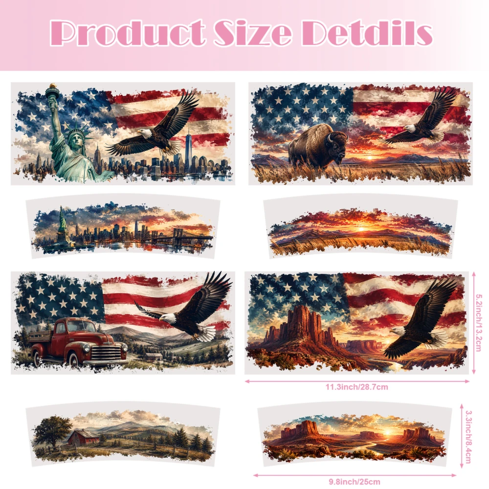 4 Sheets American Flag Eagle Statue Cityscape Desert Landscape Truck Bison Sunset Mountain UV DTF Stickers for 40oz Tumblers