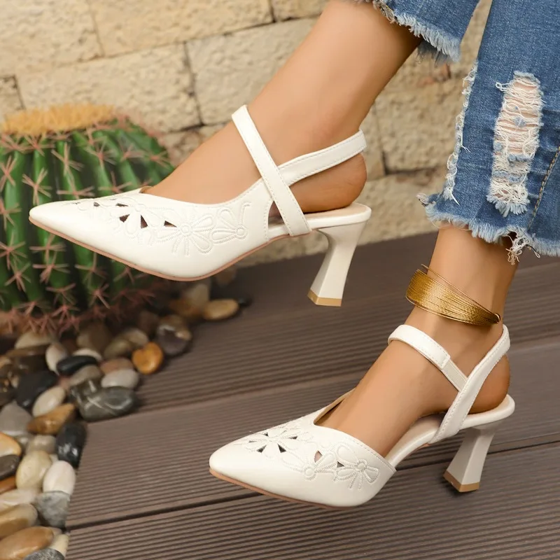 

New Summer Fashion Women's Sandals with Pointed Toe, Hollow Back, Soft Leather and Openwork Toe, High Heels for Women in 2025
