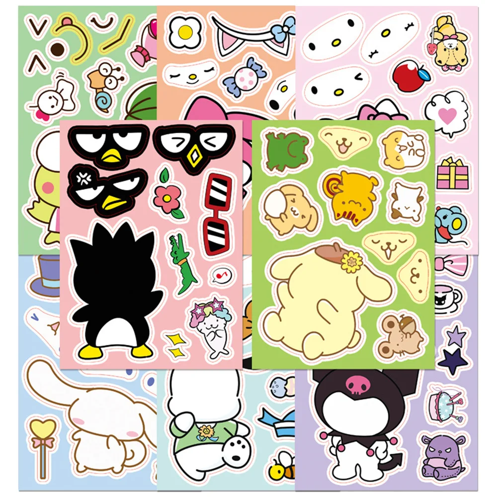 8/16Sheets Cute Sanrio Make a Face Puzzle Stickers Cartoon Hello Kitty My Melody Kuromi Anime Kid Assembly Jigsaw Decal Toy Gift