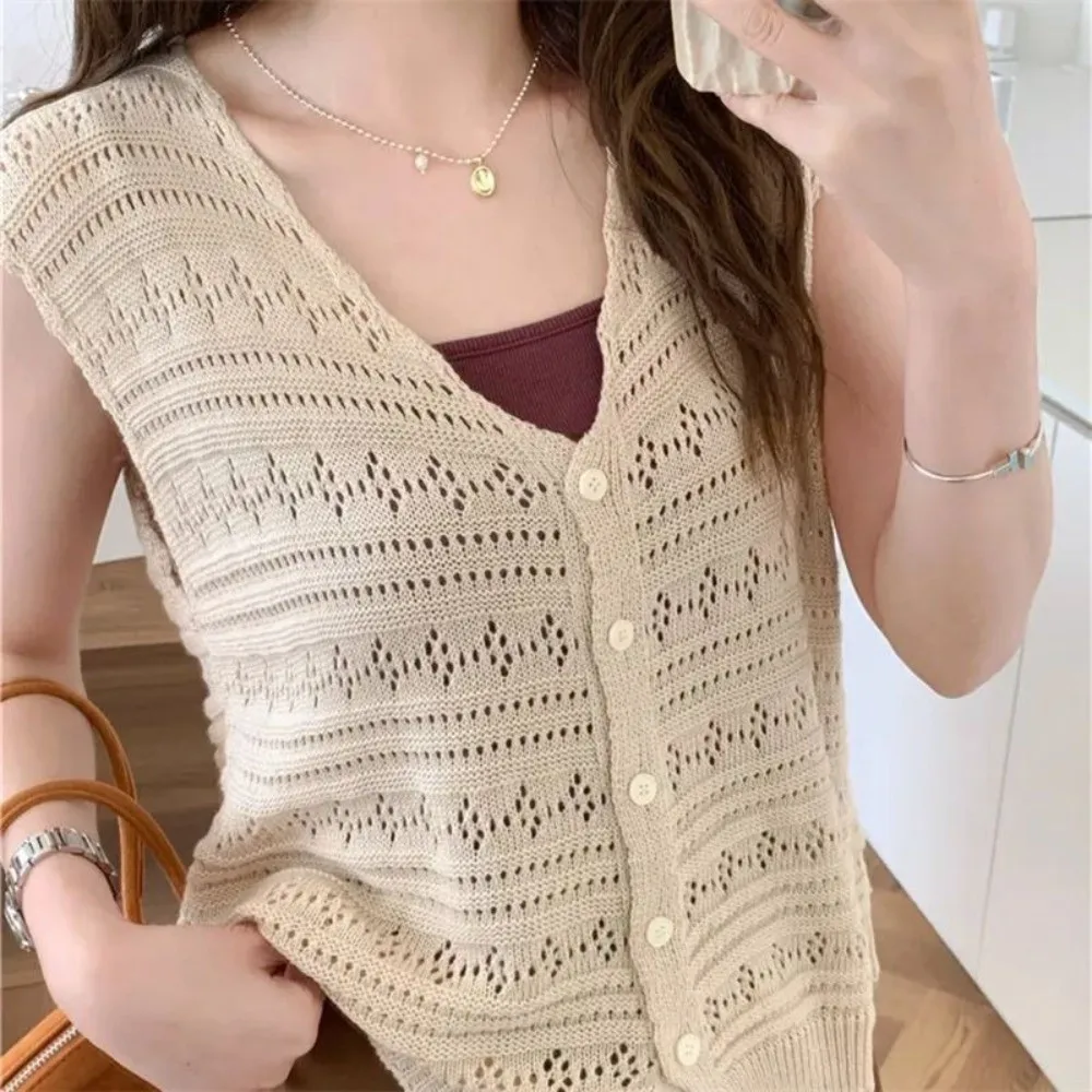 Fashion Hollow Out Knitted Cardigan V-Neck Thin Sun-Proof Tops Sleeveless Casual Outwear Women