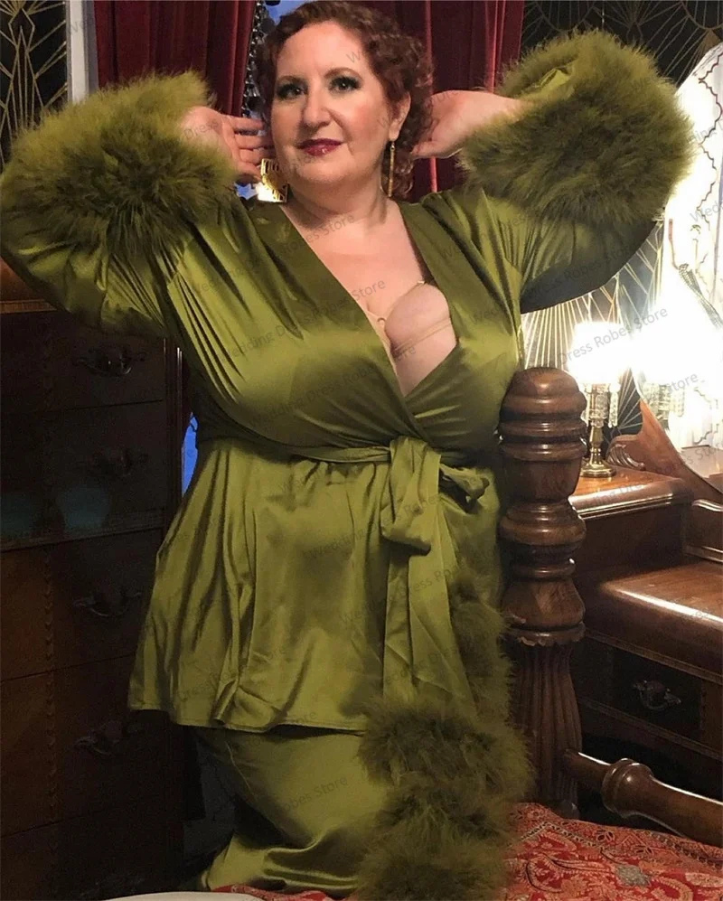 Robes de nuit en plumes pour femmes, vêtements de nuit sexy en satin, ensemble 2 pièces, vêtements et pantalons, ceinture, séance photo, sur mesure, grande taille