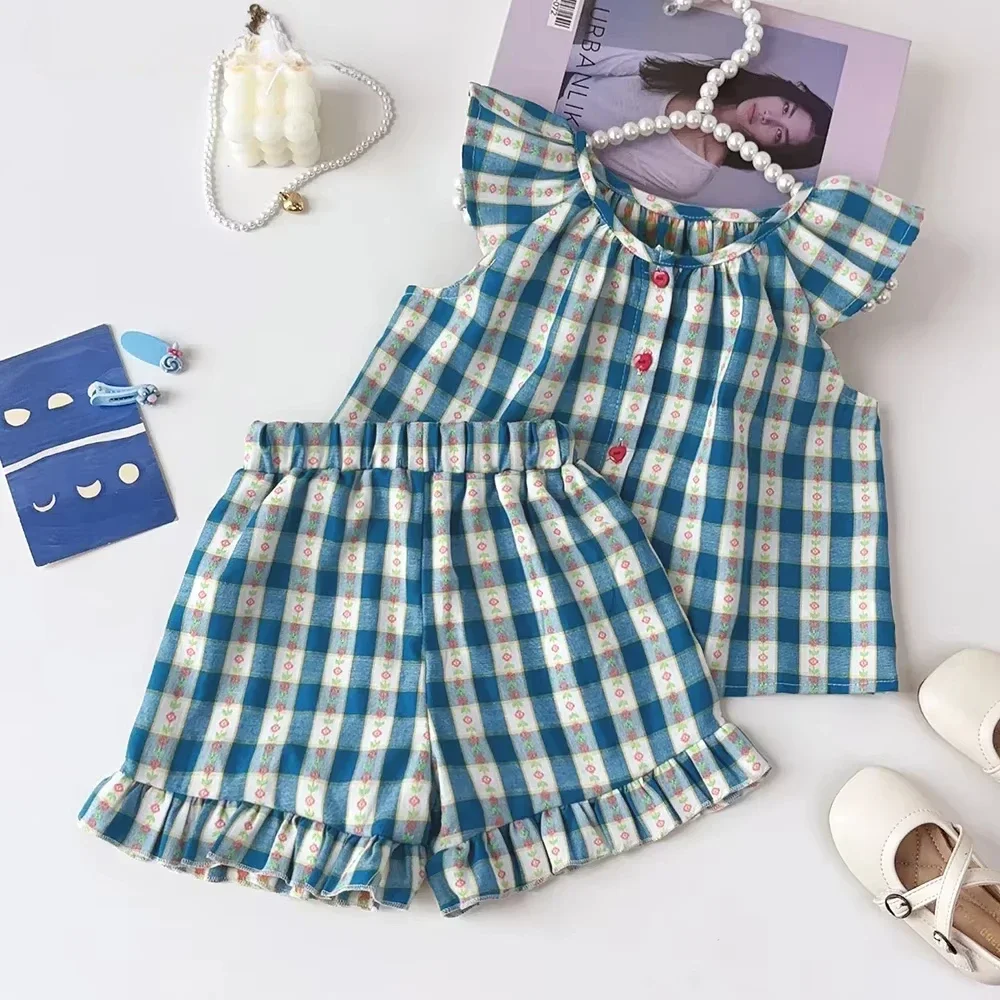 Girls Clothes Summer Round Neck Single Breasted Grid Flying Sleeve Top + Shorts Two-piece Set 1-5 Years Old Kids Wear