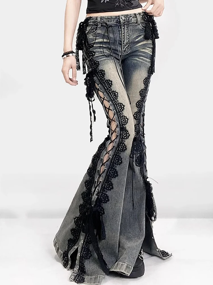 

Sexy Punk Flared Jeans Long Trouser Women Lace Up Front Hollow Cut Out Bell Bottom Tied Up High Waist Streetwear Pants
