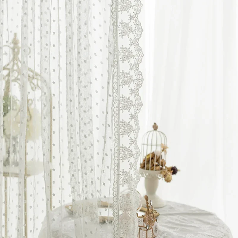 French Curtains for Living Room Bedroom Retro White Polka Dot Fungus Lace Embroidery tulle Korean Princess Girl's Bay Window