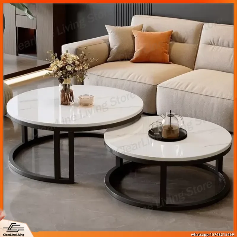 

Modern Minimalist Marble Nesting Coffee Table Set Round Stone Top Metal Frame Living Room Center Table Home Decor Small Space