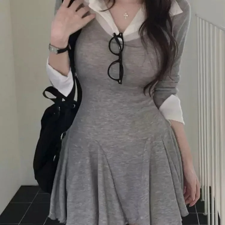 Dongda Gate nouveauté Ele col femme taille cintrée faux deux pièces Dr confortable respirant tricoté ort S...