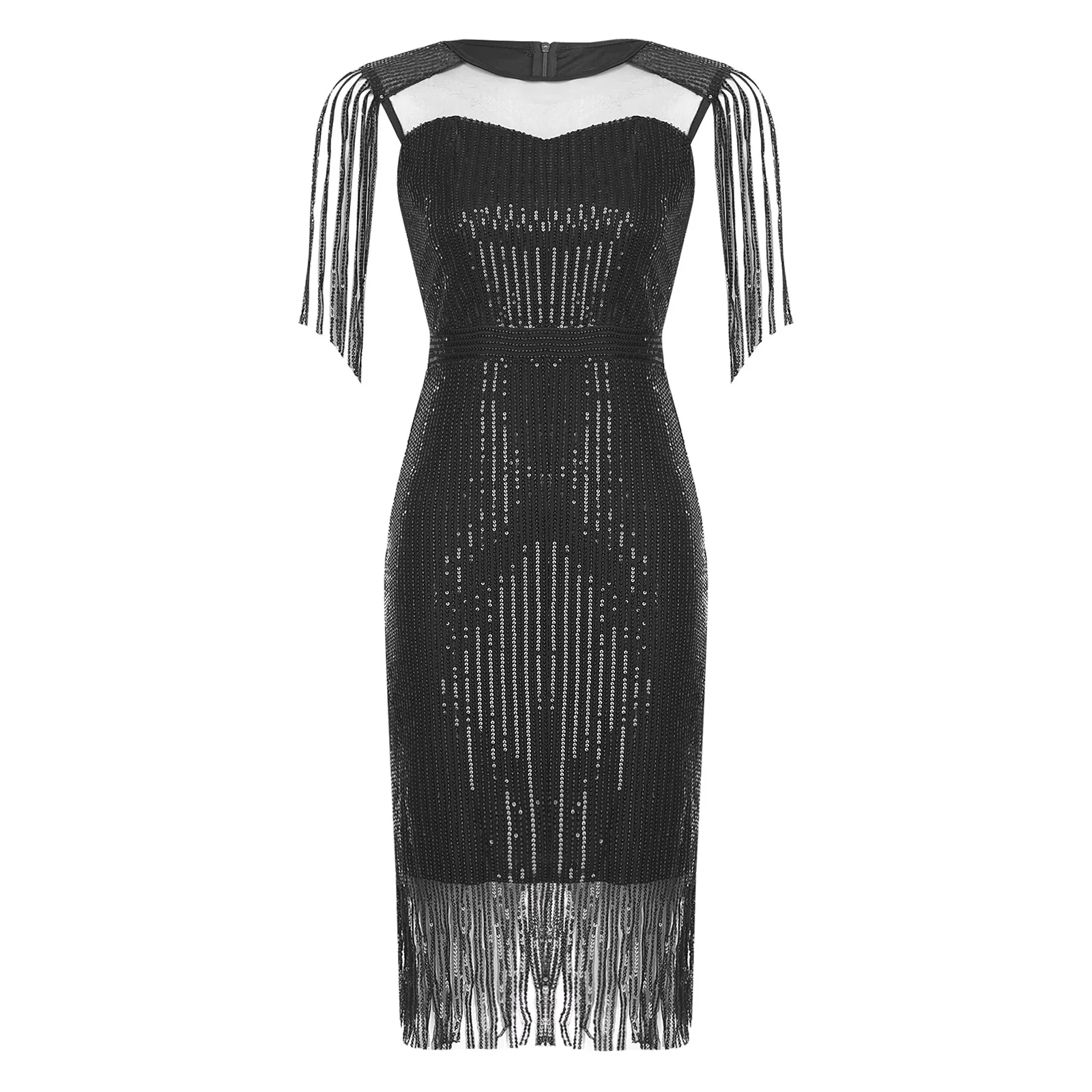 Prom Gown Women Elegant Sleeveless Slim-fit Sparkly Sequin Fringe Tulle Evening Dress for Cocktail Party Banquet Nightclub Dress