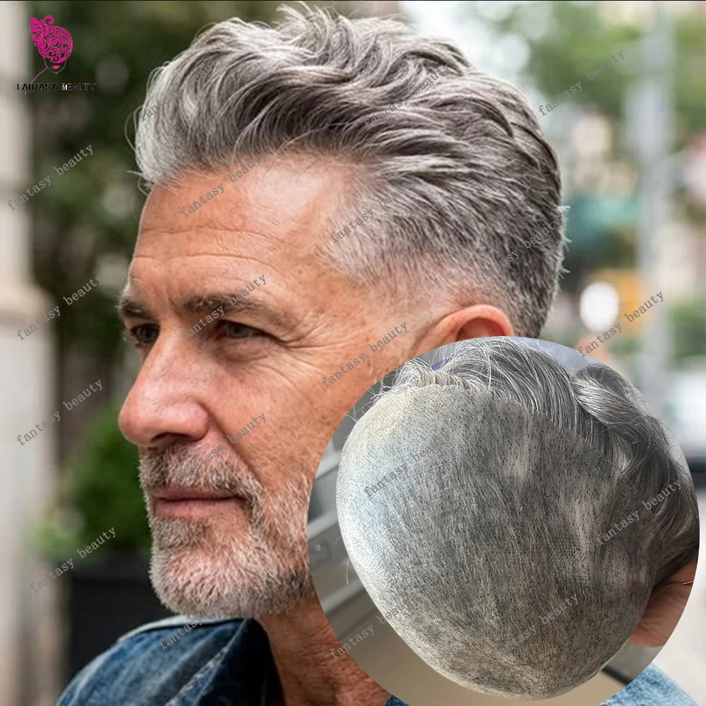 

30MM Wave ManGrey Human Hair 1b80 1b65 Men‘s Replacement System Durable 0.12mm Injected PU Skin Base Cheapest Prosthesi Hairpie