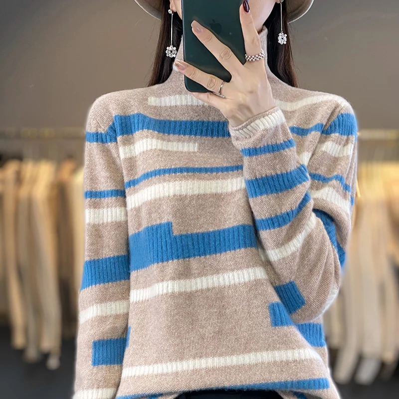 

New autumn and winter 100% merino cashmere sweater women's turtleneck striped contrast knit pullover fashion loose coat