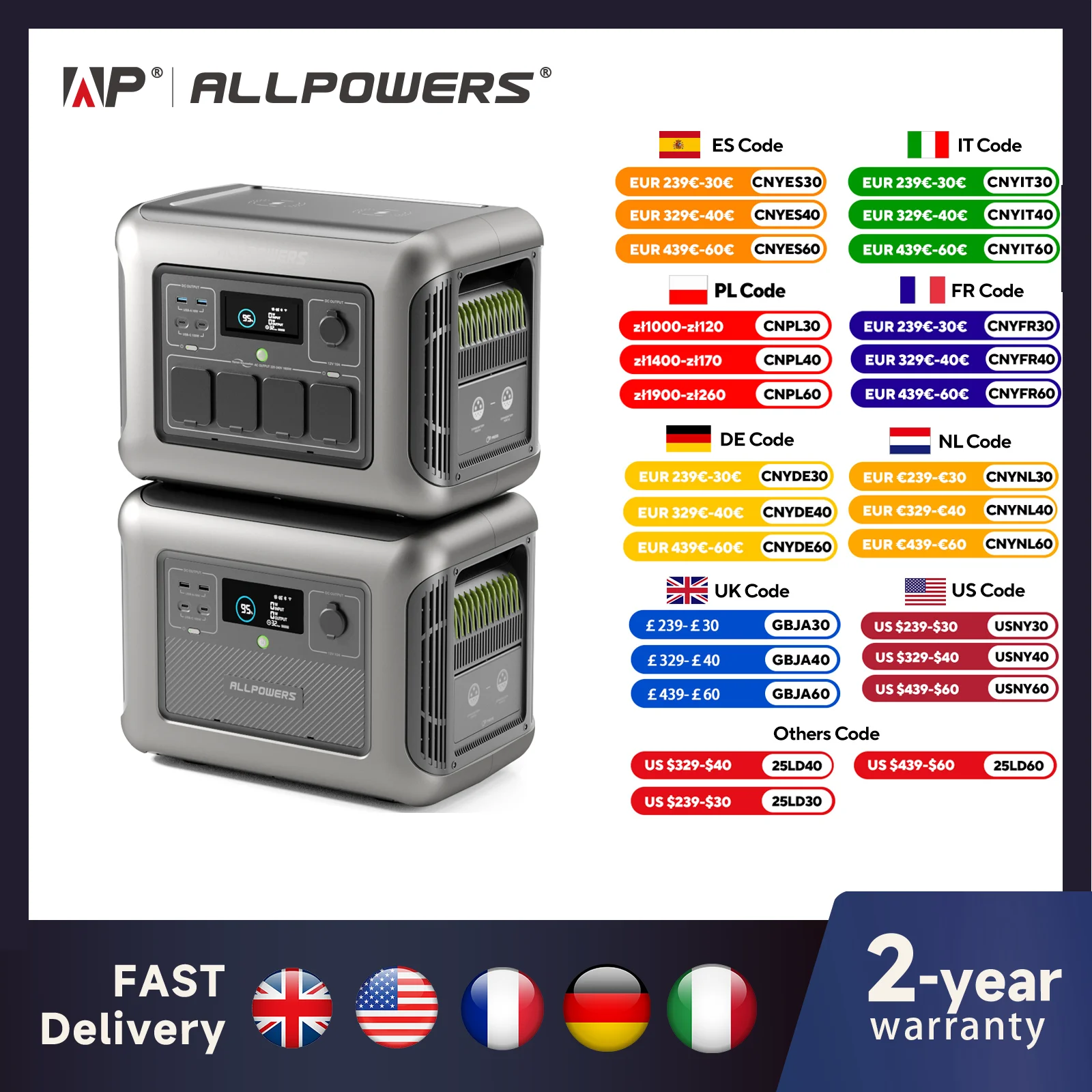 ALLPOWERS Centrale elettrica portatile R1500 con batteria esterna B1000 Batteria extra LiFePO4 da 1152 Wh con generatore solare per esterni