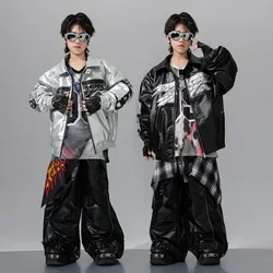 Children Hip Hop Jazz Streetwear Fashion Show Performance Clothes Boys Gilrs Leather Jacket Pant Sets Costume Kids Tracksuits