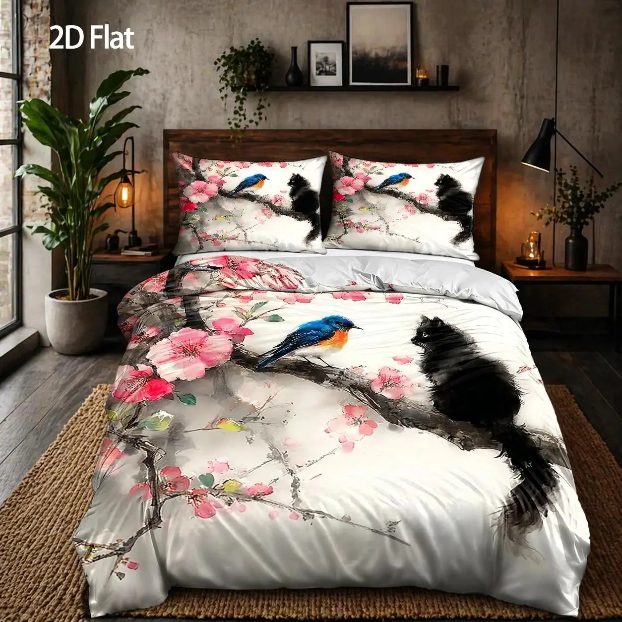 3-Piece Quilt Cover Set, 1 Quilt Cover + 2 Pillowcases (Without Filling), Cherry Blossom Bird and Black Cat Theme, Freehand Painting Style, Spring, Three-Piece Bedding Set, Suitable for All Seasons, Machine Washable, Invisible Zipper, Suitable for Home, Dormitory, Master Bedroom, Guest Room
