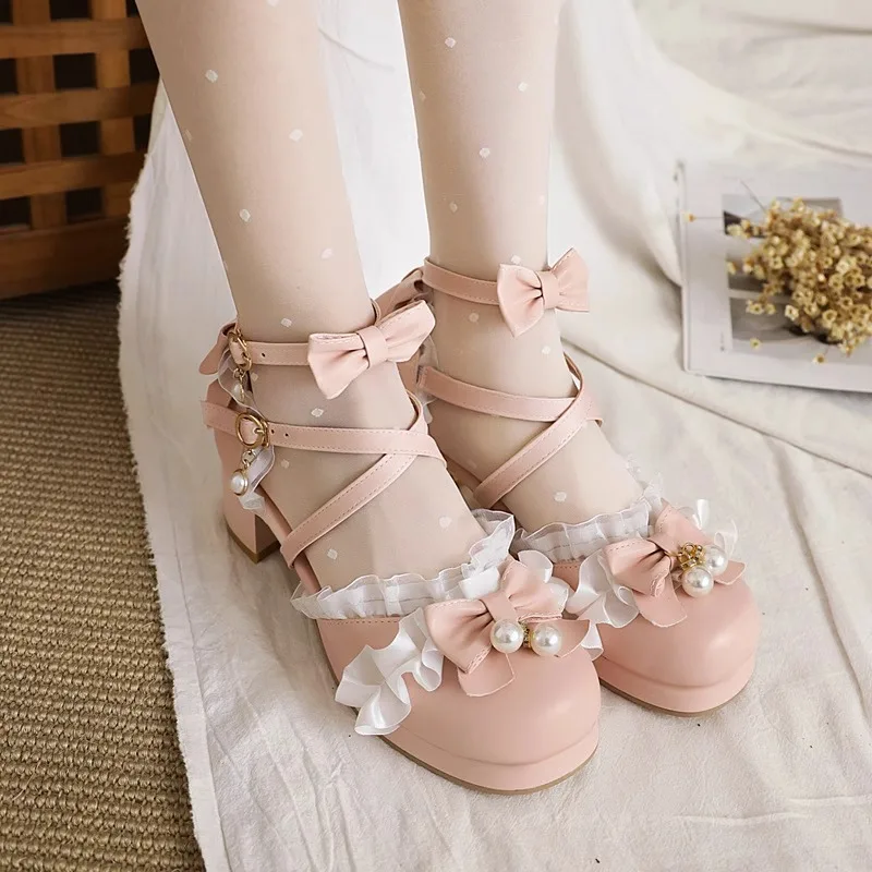 연인 로리타 샌들 여성 공주 하이힐 데일리웨어 LO 신발 소프트 걸스 로리타 신발 스트랩 리본 보우 핑크 블랙
