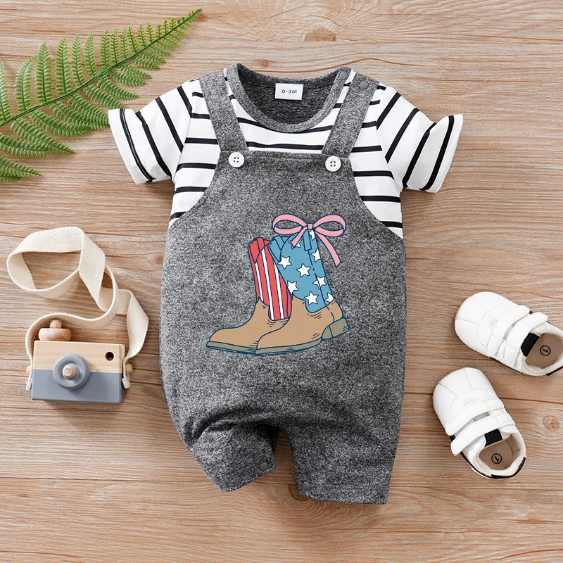 

Newborn baby summer vacation 2-piece independence day boots cartoon cute short-sleeved round-neck jumpsuit Breathable Durable Co