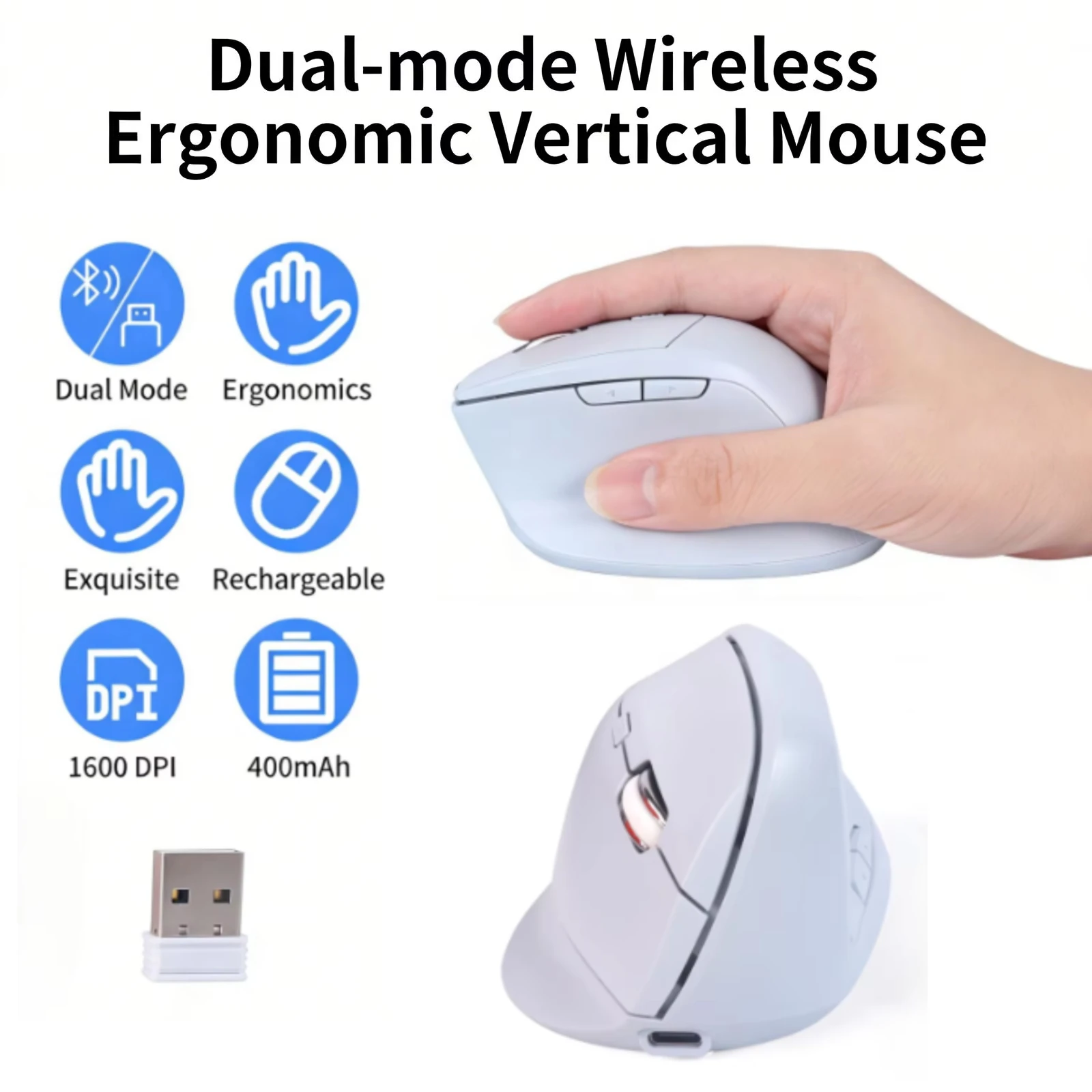 

Ergonomic Vertical Dual-Mode 2.4G+Bluetooth Mouse Rechargeable Silent Buttons Office Mice Computer Accessories for PC Laptop